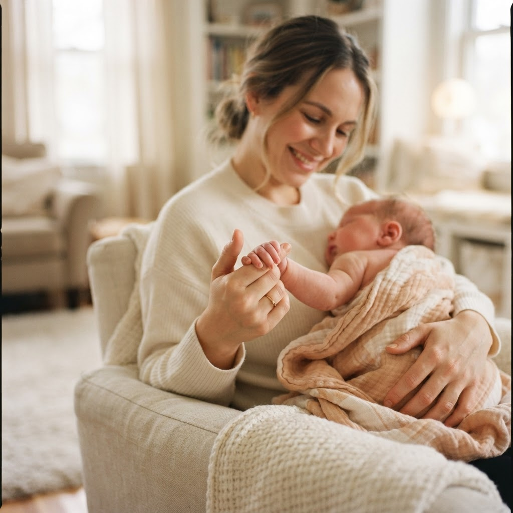 A parent gently holding a newborn's hand